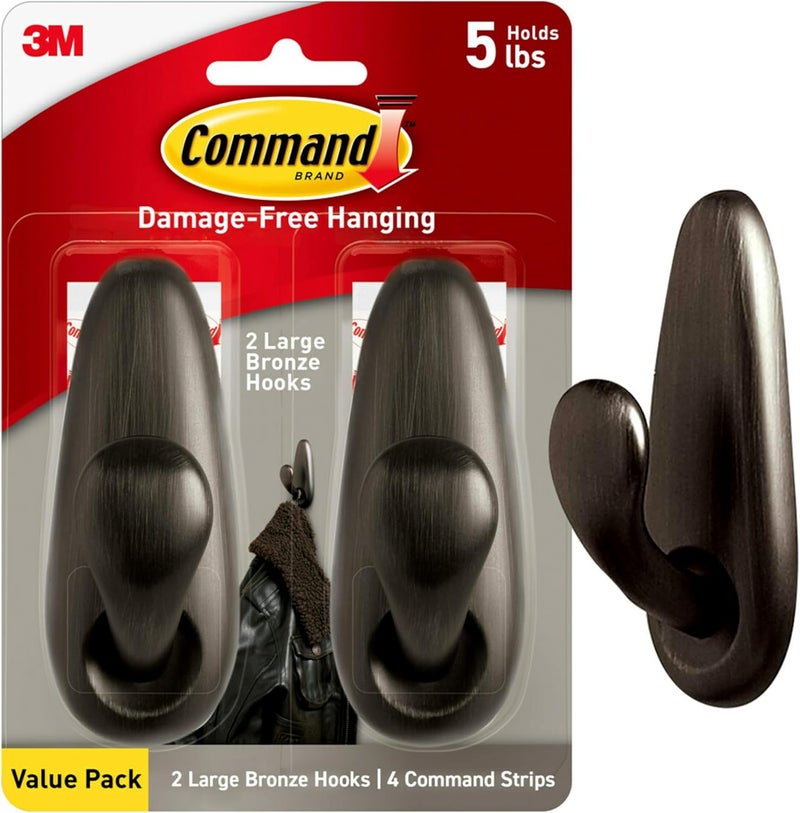 Command 5 lb Large Oil Rubbed Bronze Metal Hooks, 2 Coat Hooks and 4 Strips, Damage-Free Hanging with Adhesive, Forever Classic Great for Christmas Decorations - Image 1